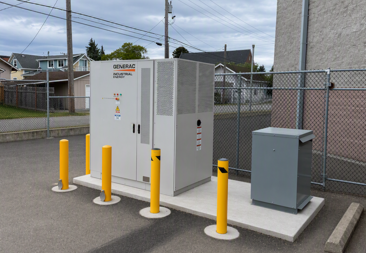 A Generac SBE Cabinet system sitting on a concrete pad next to an isolation transformer.